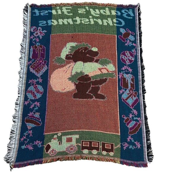 Baby's First Christmas Tapestry Throw Blanket Teddy Bear & Train Gift 44" x 33" - Picture 2 of 4